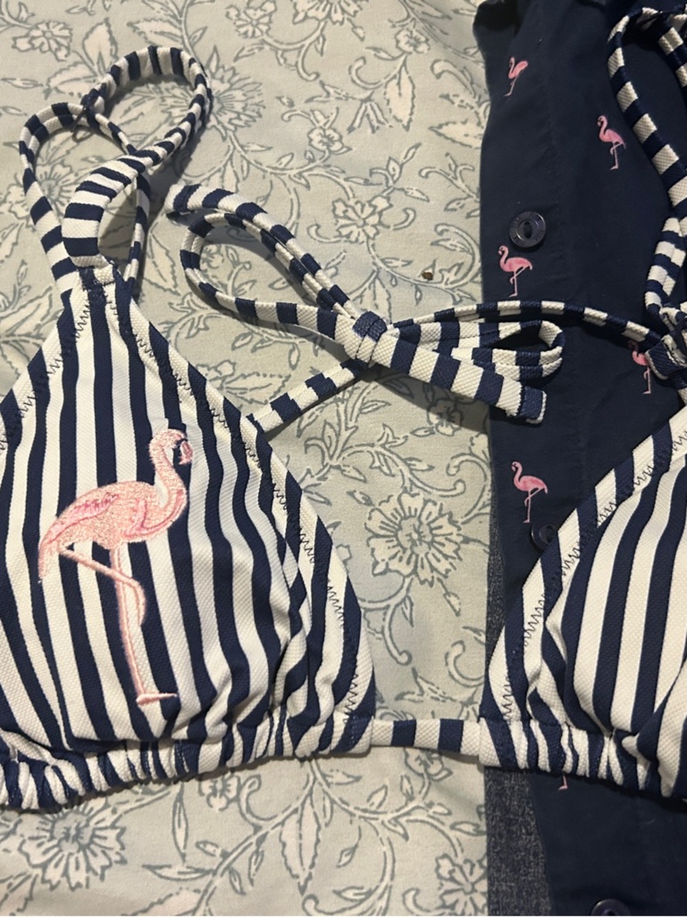 Navy Pink Flamingo Button-Up Shirt & Striped Bikini Set - Picture 5 of 11